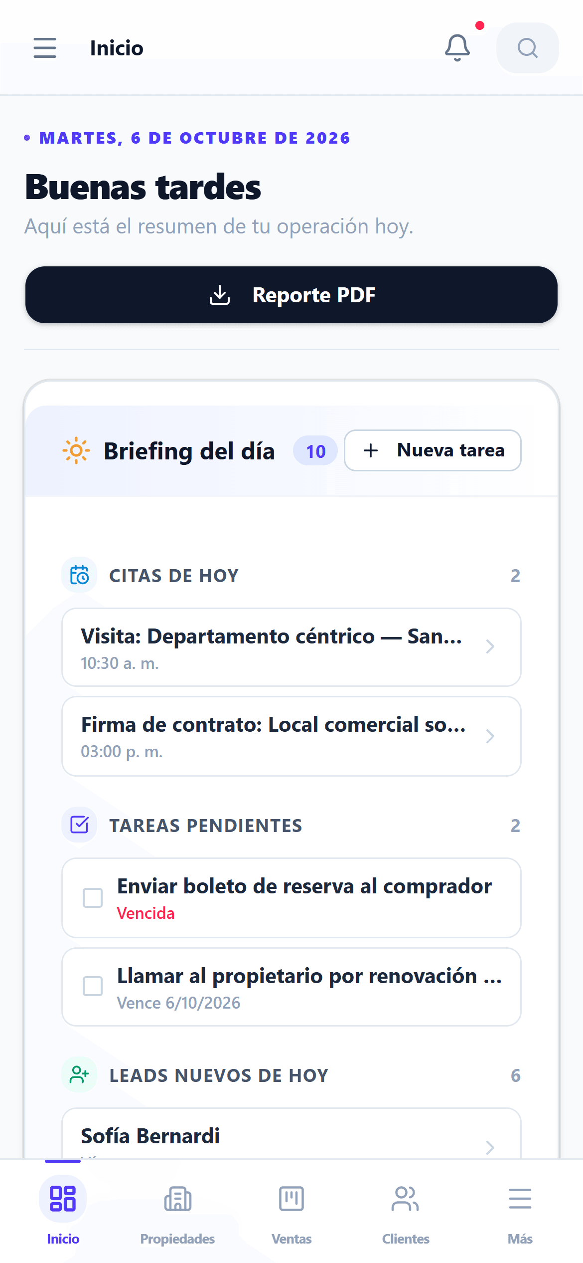 Resumen del día de inmo en el celular